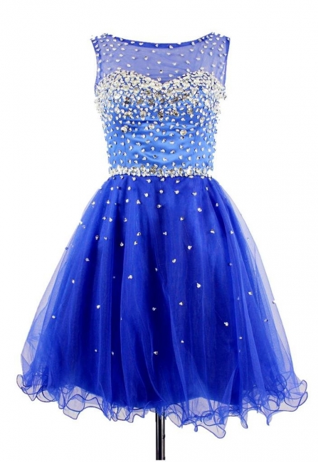 Elegant Crystal Royal Blue Short Cocktail Dress Sparkly Organza Beadings Mini Homecoming Dresses CJ0456