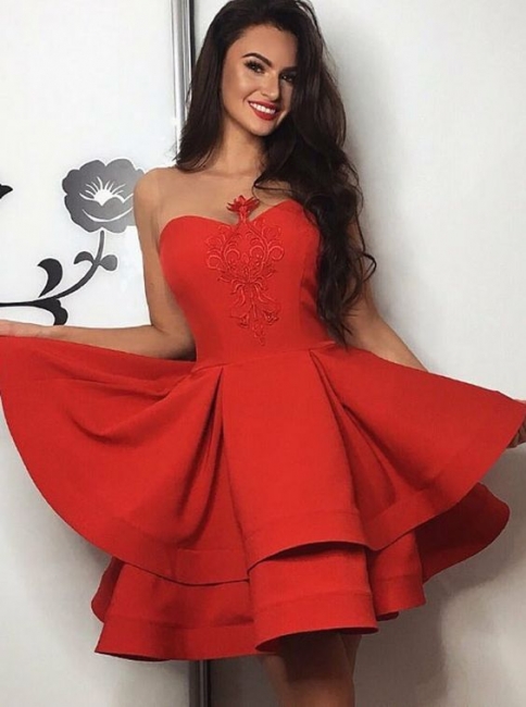 Red Short Homecoming Dresses | Tiered Appliques Sleeveless Hoco Dress