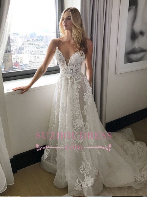 Elegant Spaghetti Straps Tulle Wedding Dresses  Lace-Applique A-line Bridal Gowns