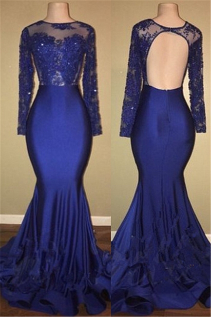 Sexy Open Back Royal Blue Prom Dresses  | Lace Long Sleeve Mermaid Evening Gown BA7863