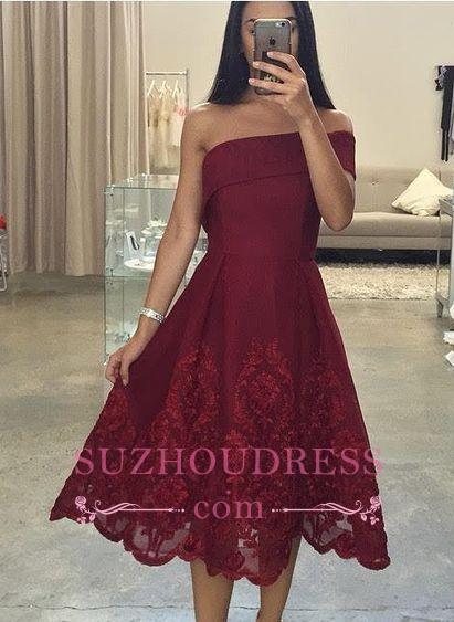 Off-the-Shoulder Tea-Length  Homecoming Dress Asymmetric Burgundy Prom Dresses