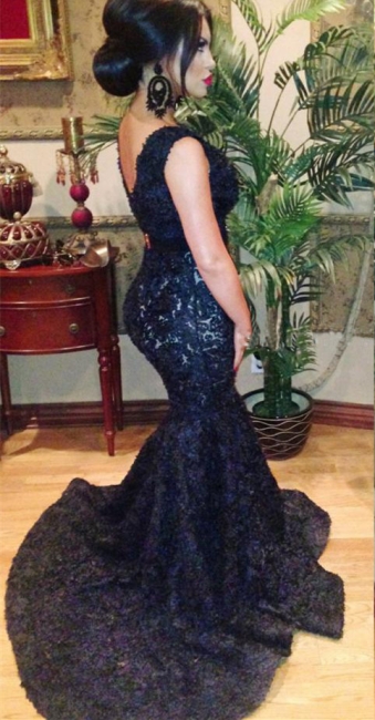Black Sexy Mermaid Lace Formal Occasion Dress V-Neck Open Back Sweep Train Evening Gowns