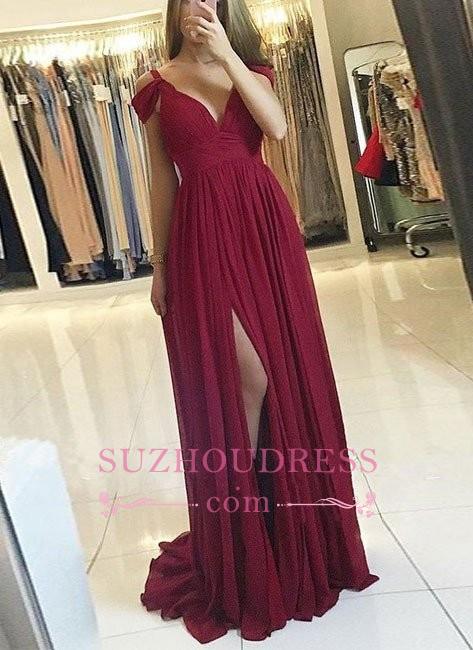 Chiffon A-line Burgundy Formal Dress   Side Slit Long Off-the-Shoulder Prom Dresses
