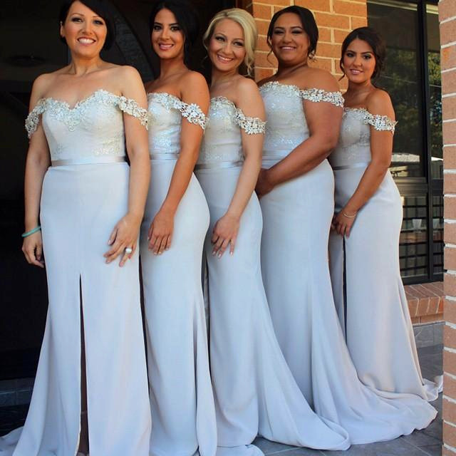 Lace Appliques Off-the-shoulder  Bridesmaid Dresses  Wedding Party Dress with Front Slit BA3346