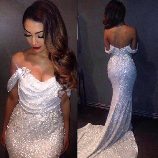 Off Shoulder Mermaid Prom Dress Sequins White Long Evening Dress with Flowers BO7066