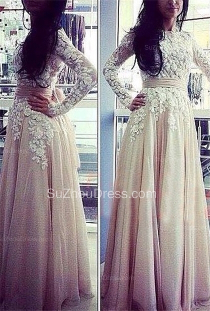 Fall  Prom Dresses Jewel Long Sleeve Appliques A Line Floor Length Sequins Flower Evening Gowns