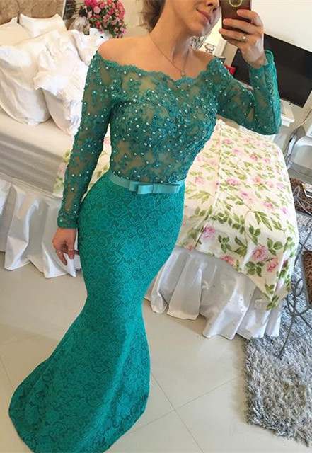 Long Sleeve Bateau Sexy Mermaid Evening Dress with Beadings Bowknot Lace Trumpet Formal Occasion Dresses