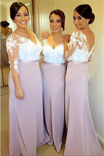 White Lace Appliques   Bridesmaid Dresses Sleeved Light Lavender Evening Dress BD0004