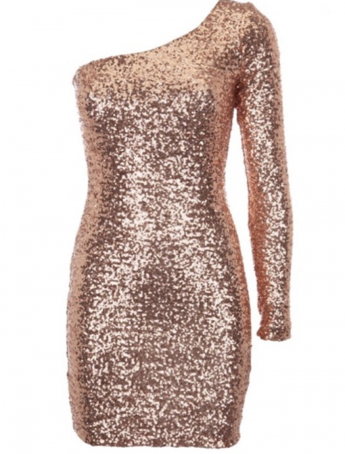 Sequined One shoulder Long Sleeve Mini Homecoming Dress  Simple Plus Size Short Dresses for Women BA4332