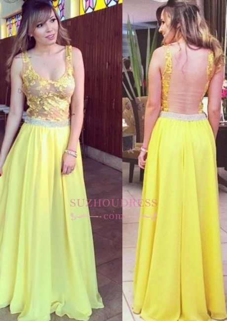 Chiffon Lace Straps Evening Dress Floor length Yellow  Long Prom Dress