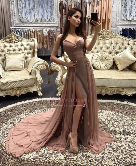 Sexy A-line Prom Dresses  Layers Side-Slit Straps Long Evening Gowns CD0066