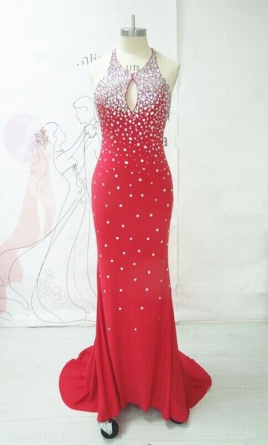 Sexy Red Prom Dress Beadings Backless Mermaid Womens Evening Dress