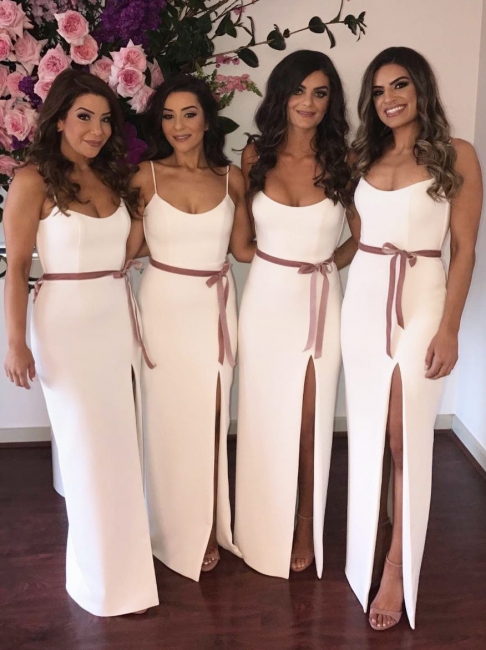 Sexy Side Slit White Bridesmaid Dresses  | Sleeveless Straps Long Wedding Party Dress with Sash