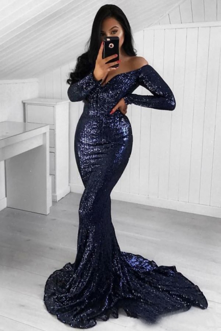 Black Mermaid Sequined Prom Dresses  | Off the Shoulder Long Sleeves Evening Gowns