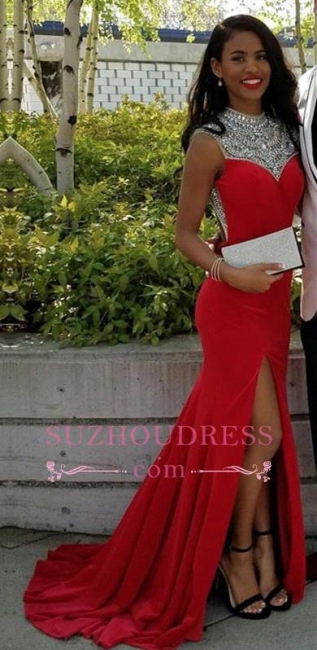 Crystal Elegant Side Sleeveless Mermaid Slit Red Prom Dresses