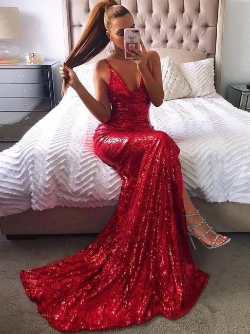 Red Shiny Sequins Sexy Evening Dresses  |  Sleeveless  Long Formal Party Dresses