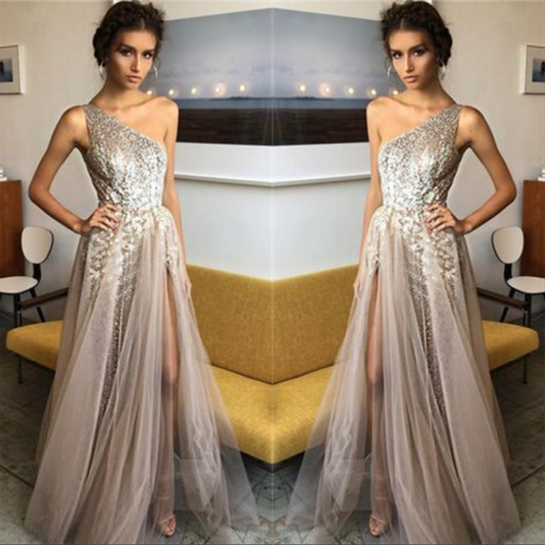 Glamorous A-Line One Sholder Prom Dresses  Sequins Side Slit A-line Evening Gowns SK0075