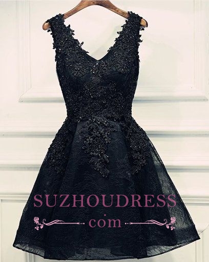 Lace-Up Short Beading Black Lace-Appliques V-Neck Homecoming Dresses