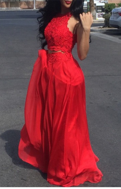 New Arrival Halter Red Lace Prom Dress Floor Length Chiffon  Evening Gown BA4716