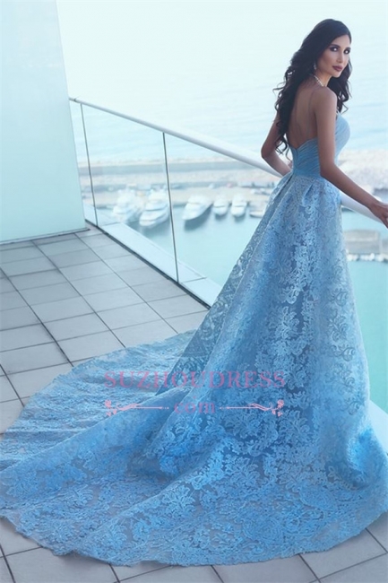 Glamorous Sweetheart Lace Formal Evening Dresses  A-line Ruffles Blue Prom Dress