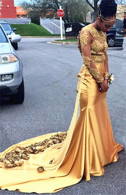 Gold Lace Prom Dresses with Flowers | Open Back Long Sleeve Popular Evening Gown