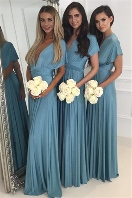 Deep V-neck Convertible Bridesmaid Dresses  | Floor Length Sexy Blue Chiffon Wedding Party Dress