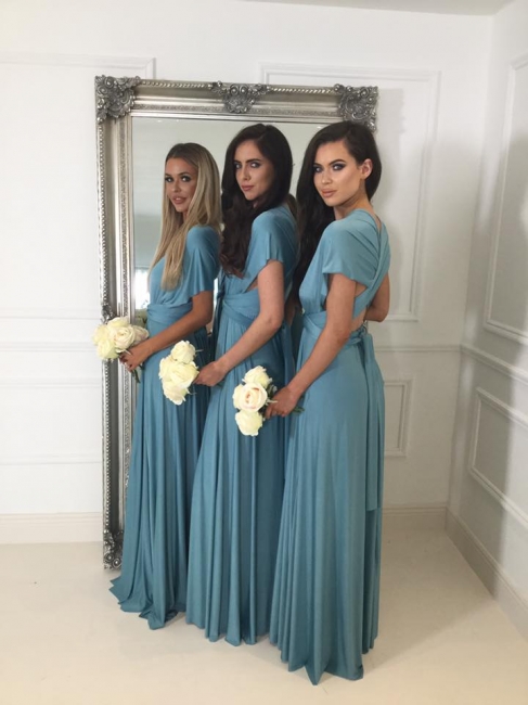 Deep V-neck Convertible Bridesmaid Dresses  | Floor Length Sexy Blue Chiffon Wedding Party Dress