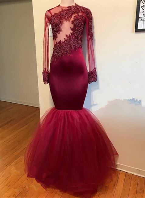 Burgundy Mermaid Long Sleeves Prom Dresses  | Tulle Appliques Evening Dresses