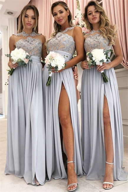 Glamorous A-Line Sleeveless Bridesmaid Dresses | Chiffon Side Slit Lace Evening Dress