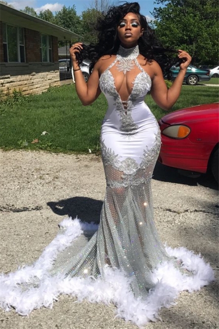 Sexy See Through Prom Dress with Feather | Mermaid Sleeveless Appliques Graduation Dress FB0361