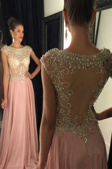 Jewel Pink Chiffon Prom Dress  With Rhinestone Popular Long Evening Dresses