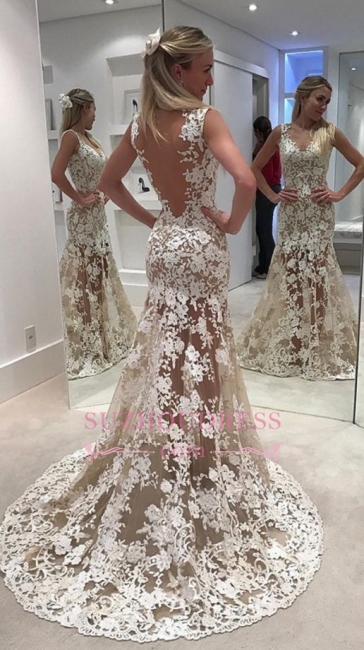 Lace Designer Sheer Ivory Bride Dresses Mermaid Backless Wedding Dress