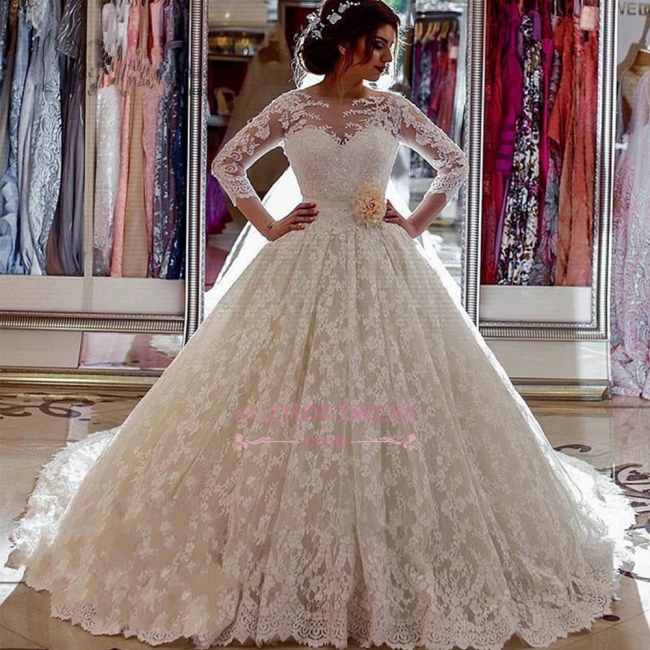 Sheer Church Train Lace  Ball Gown Bride Dress Sleeves Long Vintage Illusion Arabic Wedding Dress