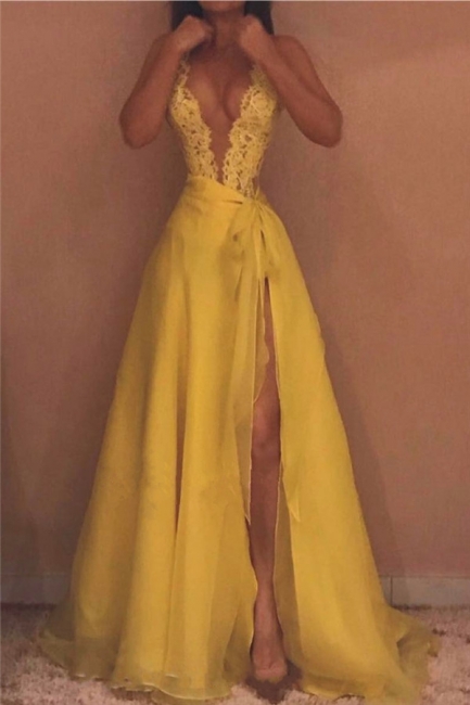 Deep V-neck Sexy Yellow Evening Dresses  | Side Slit Lace Sleeveless  Prom Dresses