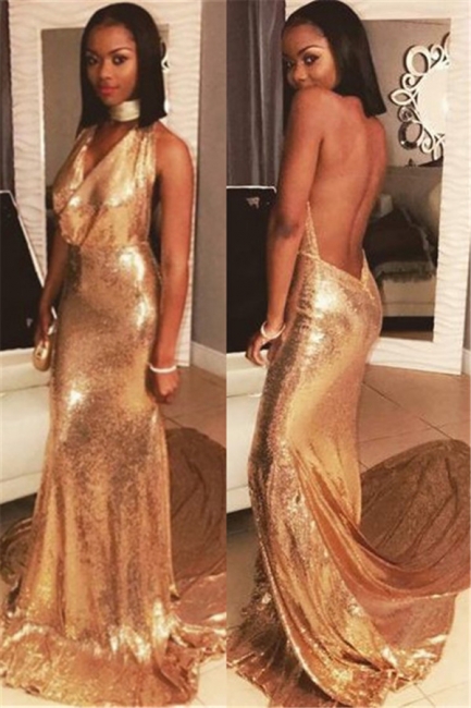 Halter Backless Sequins Prom Dresses Sexy | Gold Sequins V-neck Evening Gown with Long Train