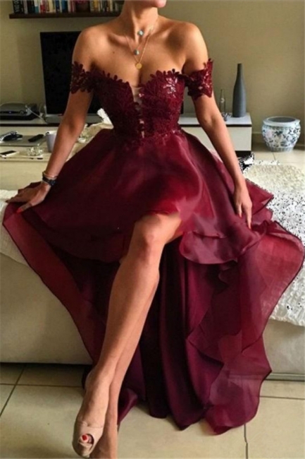 Burgundy Off Shoulder Lace Prom Dresses  Hi-lo Open Back Formal Evening Dress BA4794