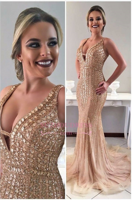 Champagne Gold Mermaid Sleeveless Prom Dress | Crystal Straps Sweep-Train Evening Gowns