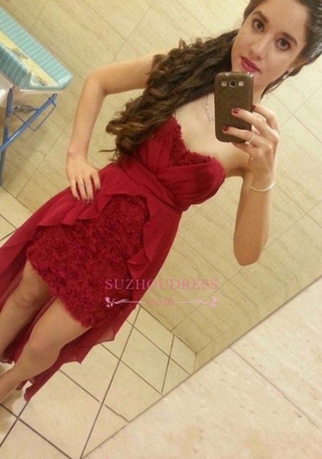 Burgundy Lace Homecoming Dress   Hi-Lo Sweetheart Sleeveless Party Gowns