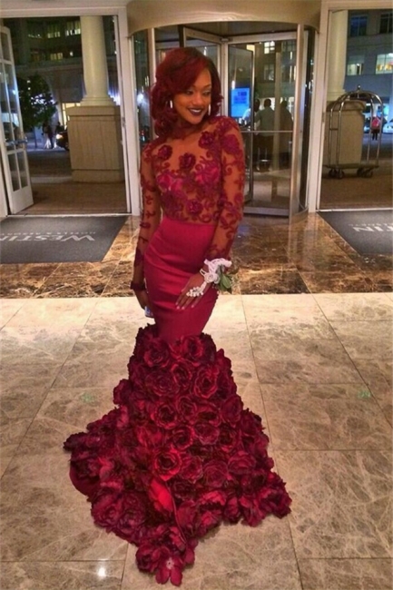 Burgundy Long Sleeve Prom Dresses  Mermaid Lace Floral Evening Dress CE045