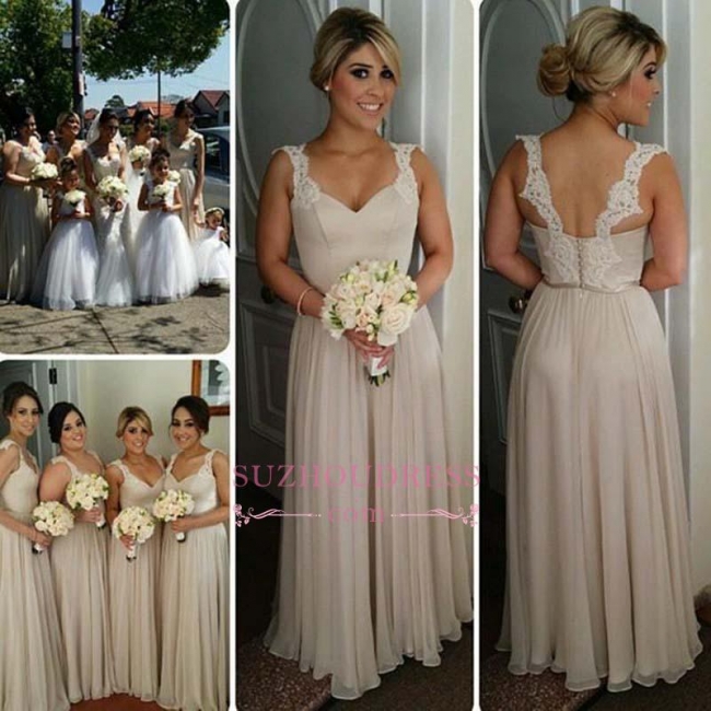 A-line Straps Floor-length Buttons Lace Bridesmaid Dresses