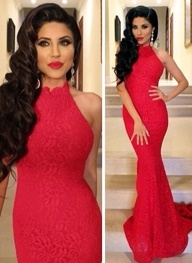 Lace Sexy Mermaid Prom Gowns Red High-Neck Sleeveless Evening Dresses