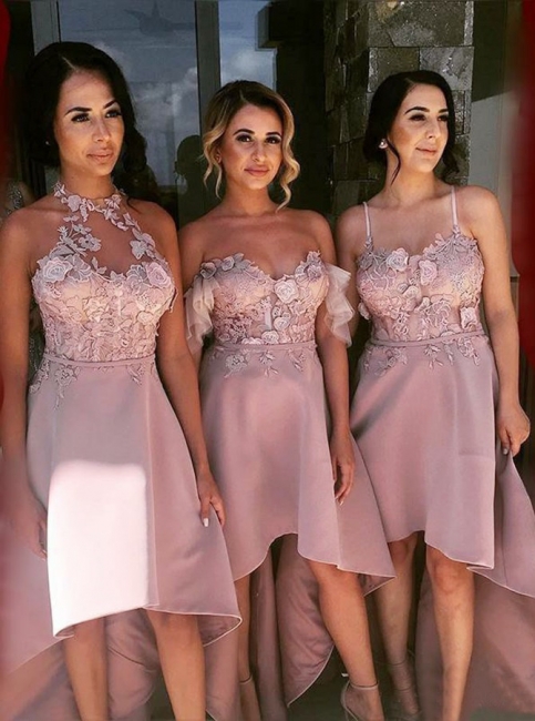 Pink Hi-Lo Appliques Bridesmaid Dresses | A-Line Sleeveless Maid of Honor