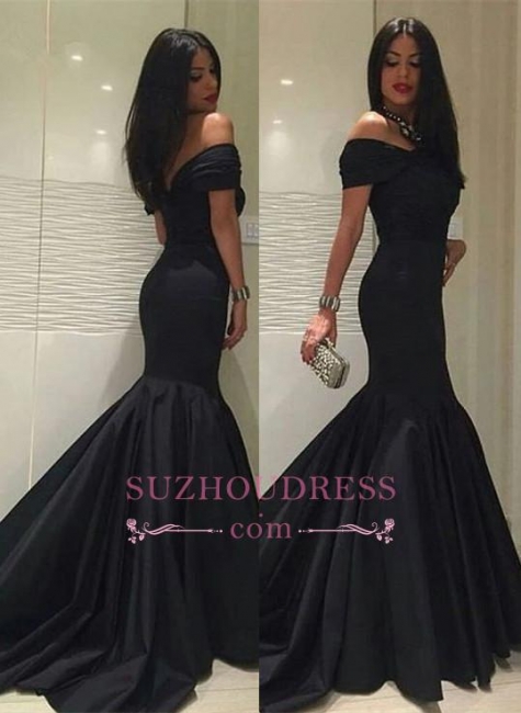 Mermaid Black Off-the-Shoulder Sweep Train Evening Gowns Sexy  Formal Open Back Prom Dress BA5114