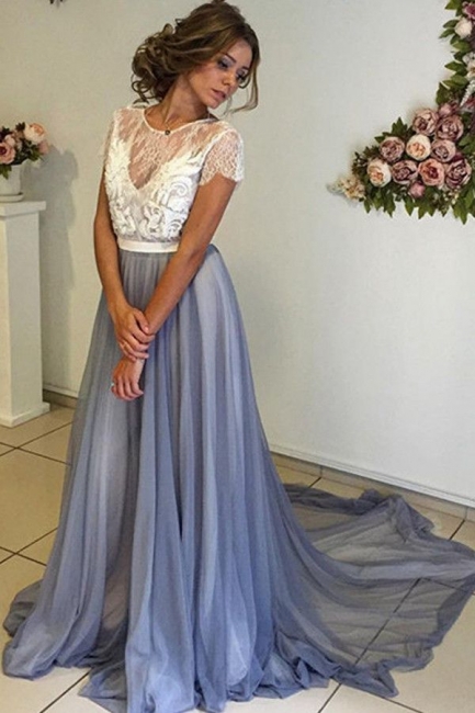 Beautiful Short Sleevea Lace Prom Dresses  A-line Sweep Train Evening Gown BA4435