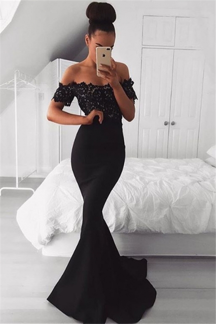 Black Off the Shoulder Lace Mermaid Prom Dresses  Short Sleeves Evening Gowns AN0