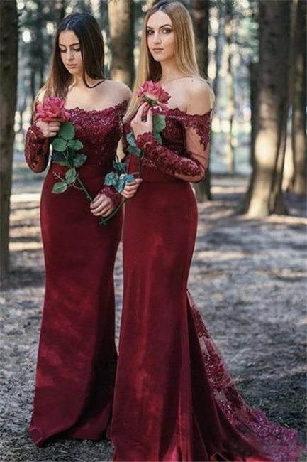 Long Sleeve Lace Burgundy Bridesmaid Dresses Long |  Sexy  Maid of Honor Dresses