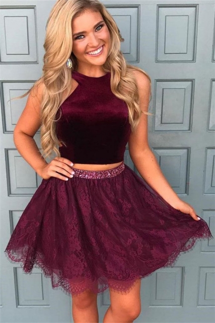 Halter Burgundy Two Piece Homecoming Dresses Online  Lace Beads Sequins Short Hoco Dress