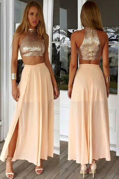 Sexy High Collar Two Piece Prom Dress  Sequined Chiffon Formal Occasion Dresses