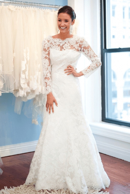 A-Line Lace Sweep Train Bridal Gown with Chain Popular Open Back Plus Size Wedding Dresses