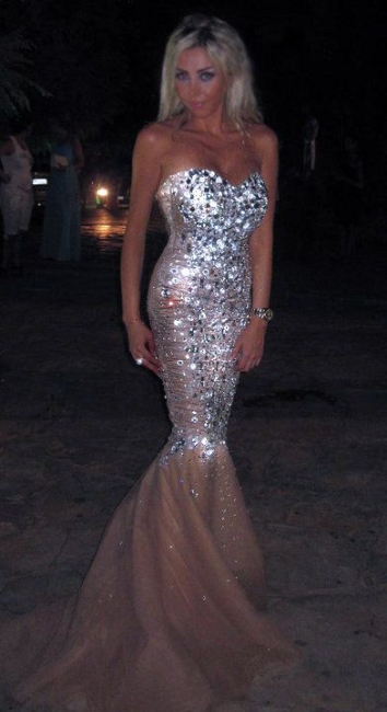 Sexy Mermaid Strapless Evening Dresses  Silver Crystals Beads Prom Dress